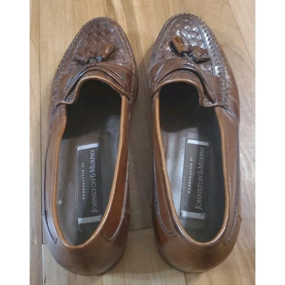 JOHNSTON MURPHY Dress Shoes Brown Woven Leather Italian Tassel Loafers Size 9M‎